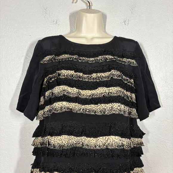 Tory Burch Beaded Silk Dress Tiered Sheath Black Tan Short Sleeve Heavy - 6 - Picture 11 of 11